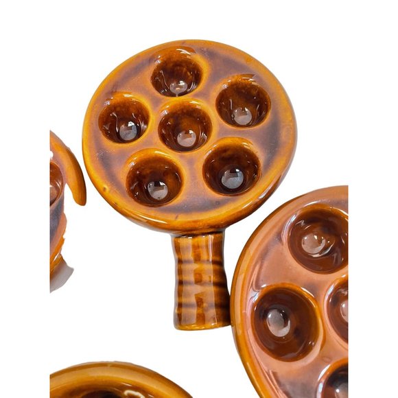 Taiwan Ceramic Brown Glazed Escargot Snail Plate Baking Dishes Handle Set of 4 - Picture 6 of 9